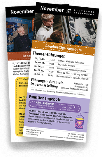 Vorschaubild für das Monatsprogramm November mit Blick auf die beiden Seiten des Flyers